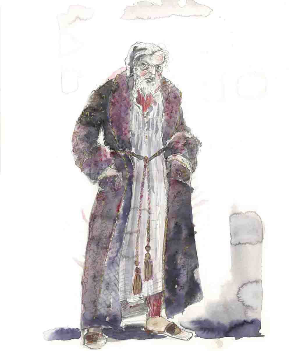 Sketch for Walter Charles as Ebenezer Scrooge, A Christmas Carol, “The Lights of Long Ago”, Graphite/  Watercolor/ Gouache/ Metallic marker on Bristol board, 14 x 17 inches